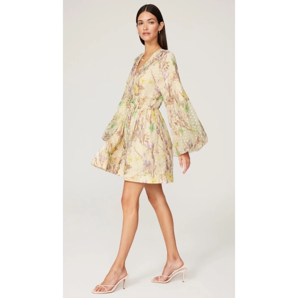 Alexis Behati Floral Swiss Dot Balloon Sleeve Mini Dress Cream Yellow Multi M - Picture 2 of 3